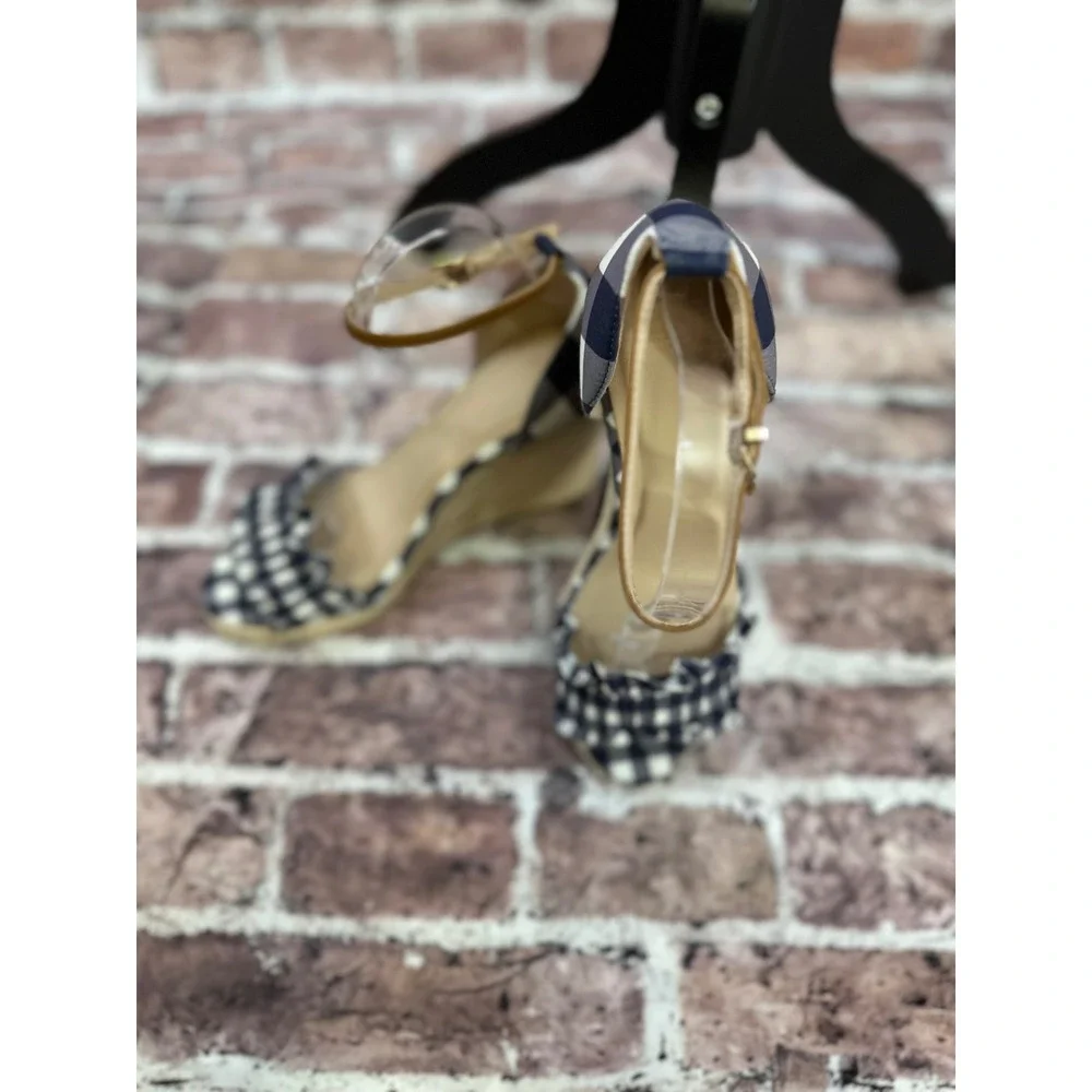 Draper James RSVP Navy Gingham Ruffle Espadrille Wedge Sandals Womens 9 Buffalo